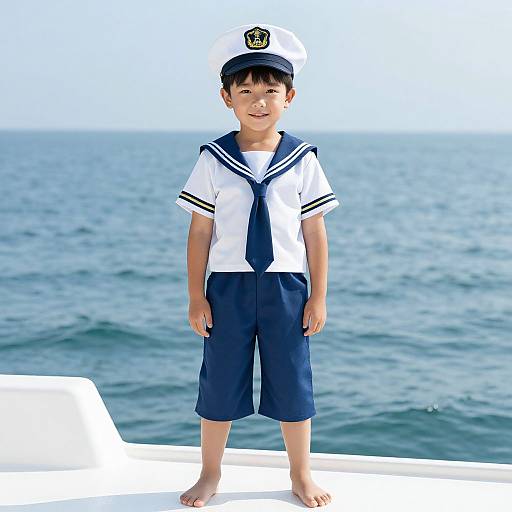 Photograph of a young boy in a white sailor uniform with navy blue hat and neckerchief, standing barefoot on a ship's deck, with