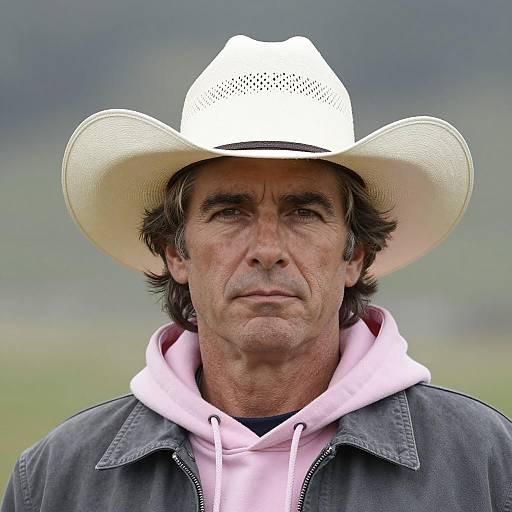 Middle-aged Man in Cowboy Hat and Pink Hoodie