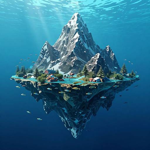 Digital artwork of a submerged mountain island with snow-capped peaks, surrounded by colorful fish, small houses, and reflected in the blue underwater environment.