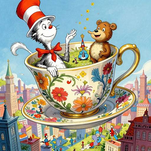 Cartoon of a black-and-white cat and brown bear in a floral teacup hovering over a colorful cityscape, with tiny people and buildings below