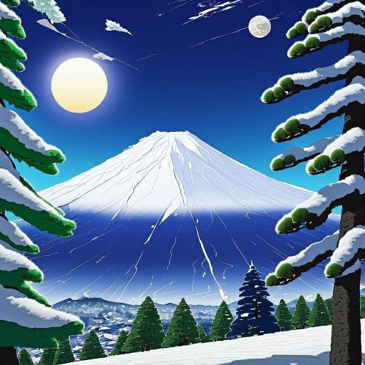 Illustration of Snow-Capped Mount Fuji with Pine Trees