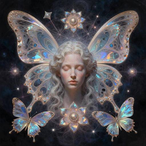 Digital artwork: serene white-haired fairy with closed eyes, surrounded by ethereal, iridescent butterflies and glowing stars against a dark, cosmic background.