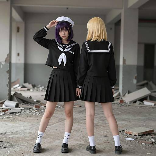 Two Young Women in Black Sailor School Uniforms in Abandoned Building