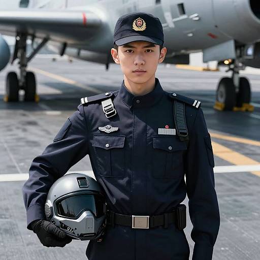 Photograph of a young Asian male air force officer in black uniform and cap, holding a silver helmet, standing in front of a military aircraft on an