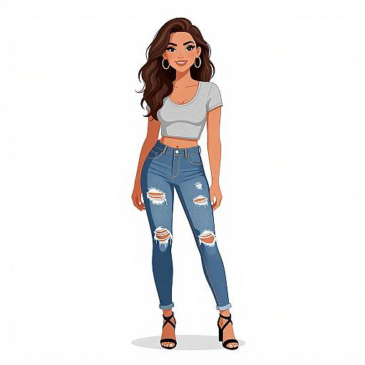 Digital illustration of a confident woman with long brown hair, wearing a white crop top, ripped blue jeans, and black heels.