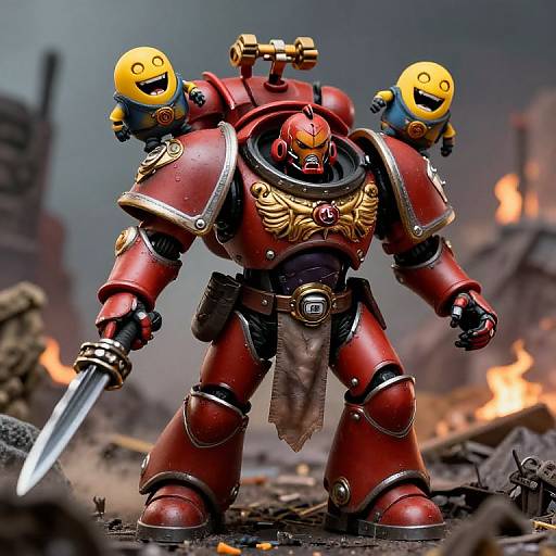 Photograph of a red, armored, robot warrior with two yellow helmeted minions on its shoulders, holding a sword, amidst a burning, war-t