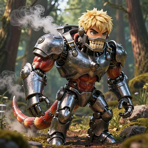 CGI image of a muscular, blonde-haired, anime-style warrior with a dragon tail, wearing shiny black armor, grinning menacingly in a forest