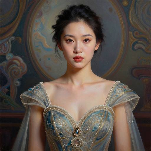 Digital portrait of an Asian woman with fair skin, black hair in an updo, wearing an ornate blue and gold gown, set against a rich