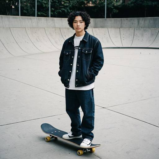 East Asian Man with Skateboard at Skate Park