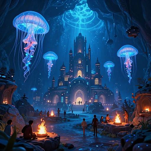Digital fantasy artwork of a glowing blue underwater city with jellyfish lights, surrounded by silhouetted people gathered around fires, under a dark, cavern