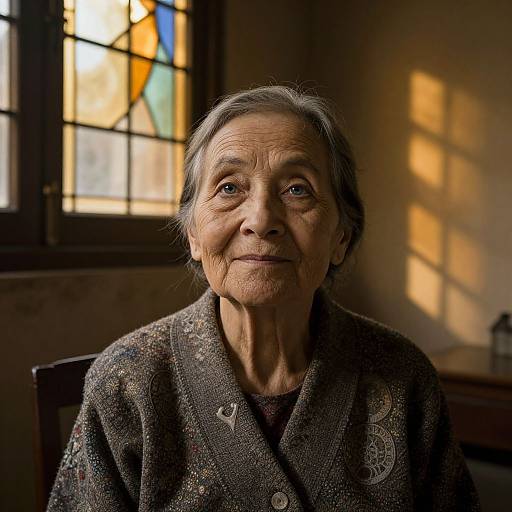 Photograph of an elderly woman with gray hair, wrinkled face, and gentle smile, wearing a patterned brown cardigan, sitting in a sun