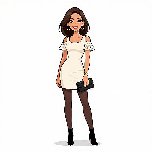 Digital illustration of a smiling woman with medium skin tone, brown shoulder-length hair, wearing a white off-shoulder dress, black tights, black