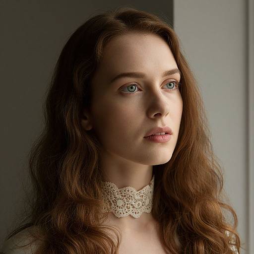 Photograph of a fair-skinned woman with long, wavy brown hair, green eyes, and a lace choker, gazing thoughtfully to