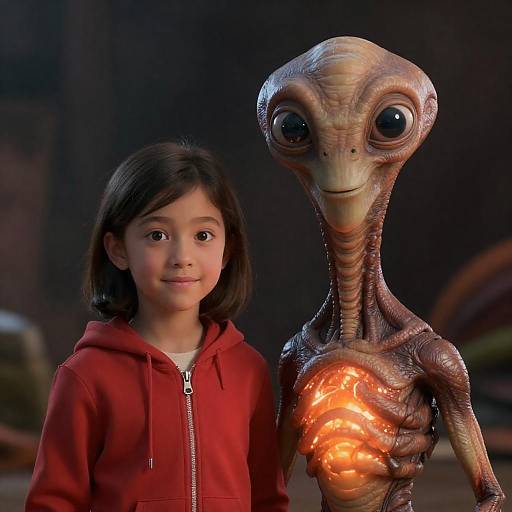 Young Girl and Curious Alien Encounter