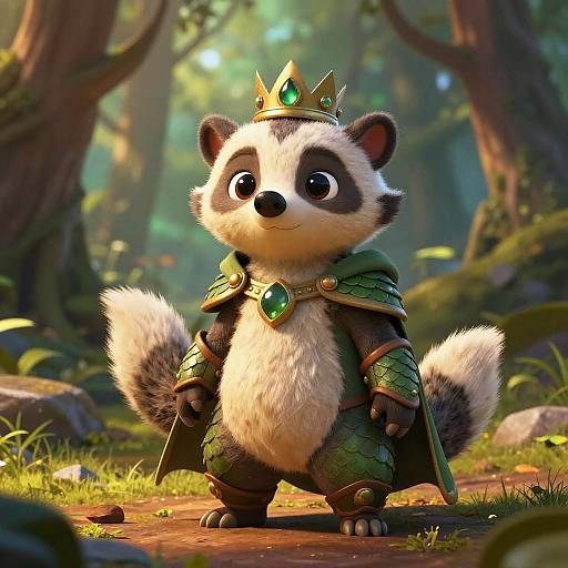 CGI image of an adorable, anthropomorphic badger king wearing a gold crown, green armor, and holding a sword in a sunlit forest.