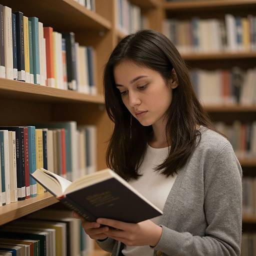 Young woman with long black hair, wearing gray cardigan and white shirt, reads a book in a library with wooden shelves filled with colorful books. Phot