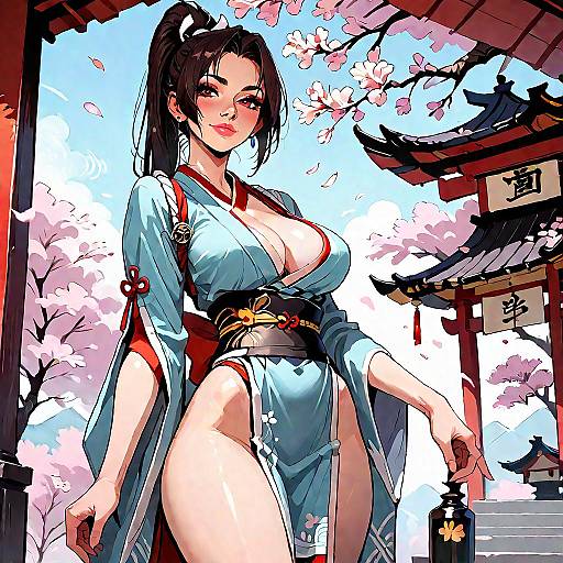Anime Woman in Traditional Japanese Attire with Cherry Blossoms