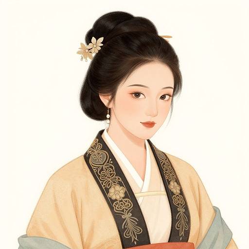 Digital illustration of a Japanese woman with fair skin, black hair in an updo, wearing a traditional kimono with floral embroidery, white background.