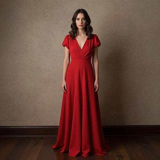 Photograph of a woman with wavy dark hair, wearing a red V-neck, short-sleeve, floor-length gown, standing against a textured