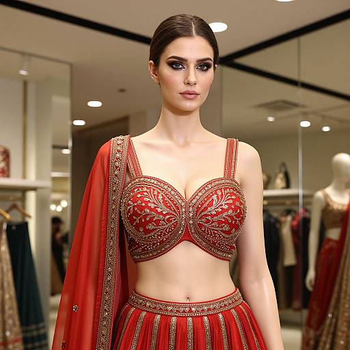 Photograph of a fair-skinned woman with dark hair in an elegant red and gold traditional Indian outfit, showcasing detailed embroidery, in a brightly lit fashion