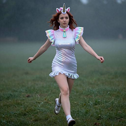 Photograph of a young Asian woman with red hair, wearing a white, glittery unicorn dress, matching headband, and white shoes, running in