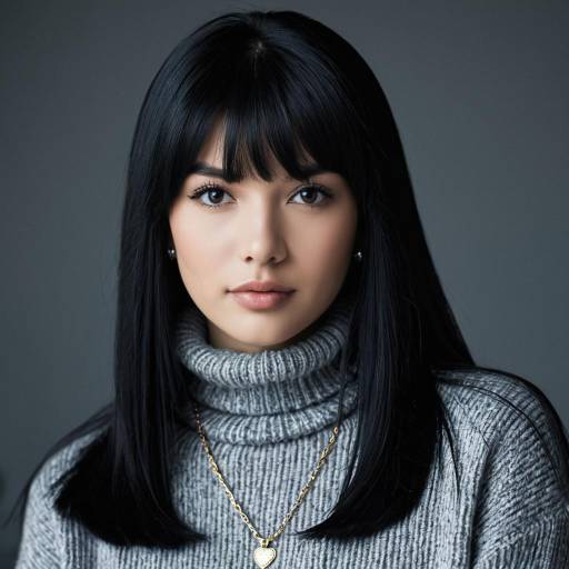 Young woman with black hair and turtleneck sweater