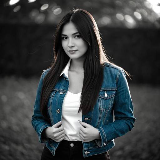 Young Woman in Denim Jacket with Monochrome Background