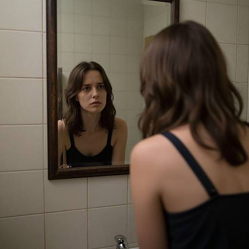 Photograph of a woman with shoulder-length brown hair, wearing a black tank top, standing in front of a bathroom mirror, reflecting her serious expression.