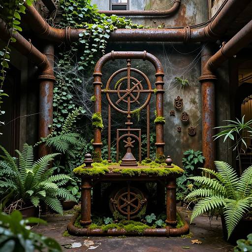 Photograph of a rusted, industrial-style clock mechanism covered in moss, surrounded by lush green ferns and ivy, set against a weathered
