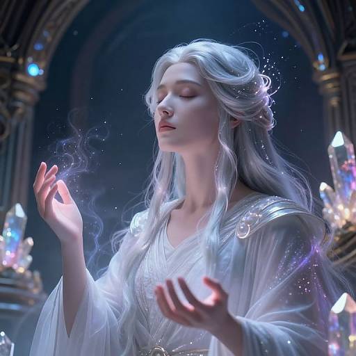 Digital painting of a white-haired, ethereal woman with closed eyes, wearing a flowing white robe, surrounded by glowing crystals and sparkles in a dark