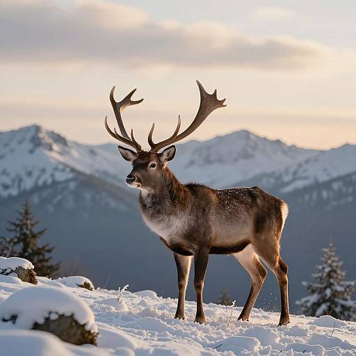 Majestic Stag in Snowy Mountain Landscape