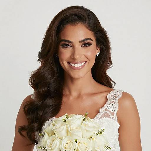 Photograph of a smiling, dark-haired woman with wavy hair, wearing a white lace wedding dress, holding a bouquet of white roses, against a