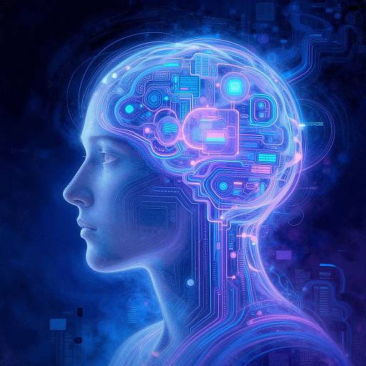 Cybernetic side profile of a woman with glowing blue and purple circuitry in her head, set against a dark, digital background. Digital art