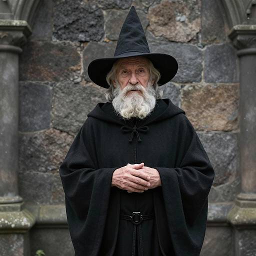 Elderly Wizard Against Stone Wall