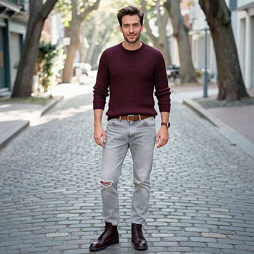 Photograph of a handsome man with dark hair and beard, wearing a maroon sweater, light-washed jeans, brown belt, and black boots,