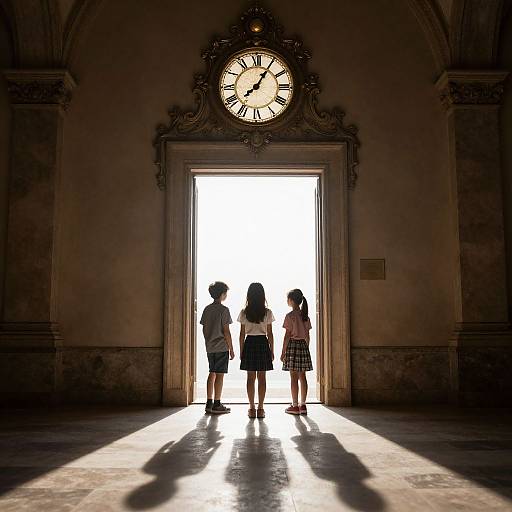 Photograph of three children standing in shadowy, ornate hallway with large clock above, sunlight streaming through doorway behind them.