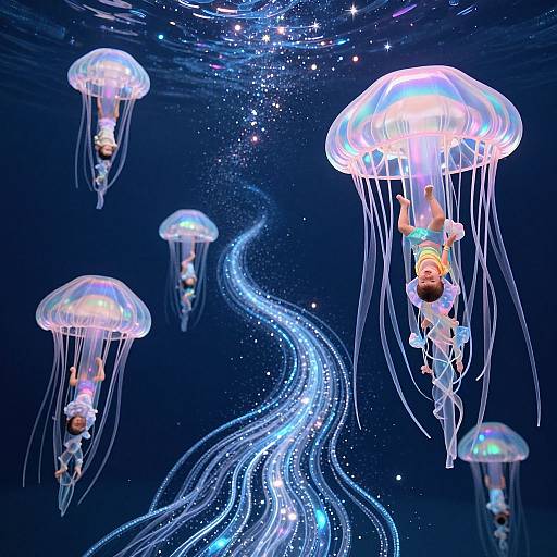 Photograph of five glowing jellyfish with people inside, floating in a dark blue underwater scene, surrounded by sparkling, wavy light trails.
