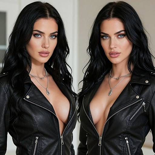 Photograph of identical twin women with long black hair, blue eyes, wearing unzipped black leather jackets, exposing cleavage, silver necklaces.