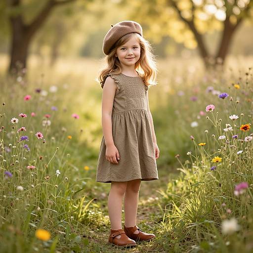 Photograph of a smiling young girl with light brown hair, wearing a brown dress, beret, and brown shoes, standing in a sunny, flower