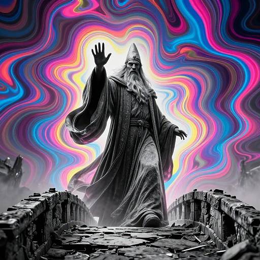 Digital art: A bearded, robed figure with a pointed hat raises a hand, surrounded by vibrant, swirling pink, blue, and yellow lights