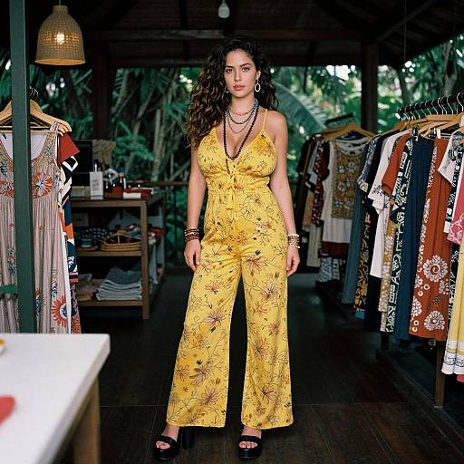 Photograph of a curly-haired woman in a yellow floral jumpsuit, standing confidently in a stylish, tropical-themed boutique with colorful clothes on racks.