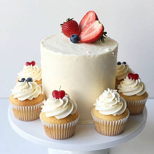Photograph of a white frosted cake topped with strawberries and blueberries, surrounded by six cupcakes with white swirled frosting and cherry decorations, on