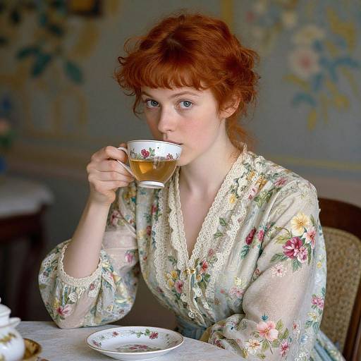 Vintage Impressionist Woman Sipping Tea