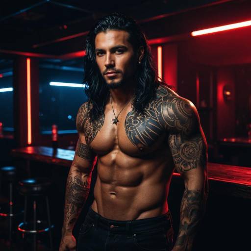 Muscular Tattooed Hispanic Man in Dark Club