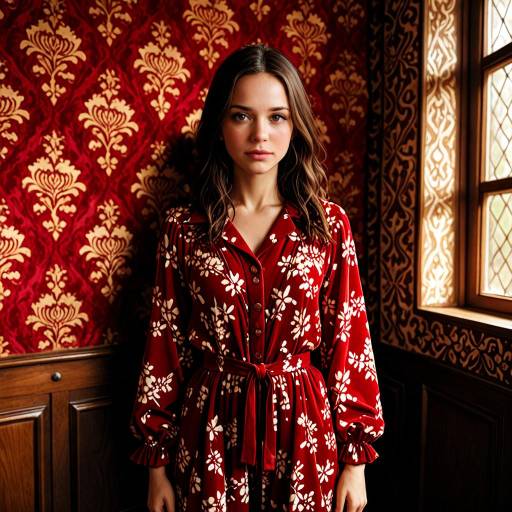 Elegant Woman in Embroidered Red Velvet Dress