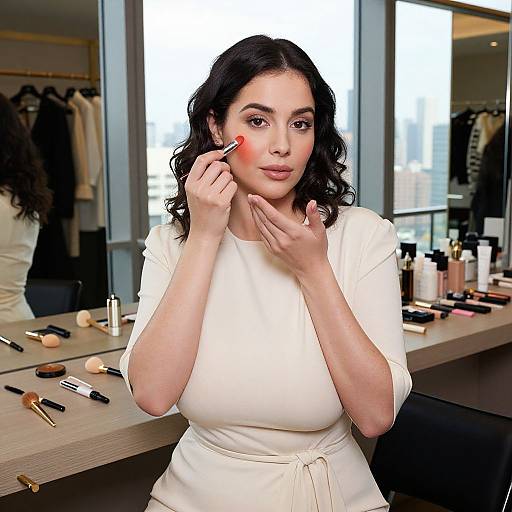 Photograph of a fair-skinned woman with wavy black hair, applying pink blush in a well-lit makeup studio, wearing a white long-s
