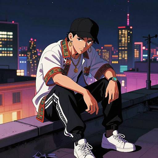 Digital anime-style drawing of a young man in a black cap, white shirt, black pants, and white sneakers, sitting on a rooftop at night with