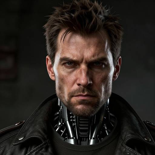 Photorealistic portrait of a rugged, serious-looking man with spiked dark hair, light stubble, and cybernetic neck enhancements, wearing a black
