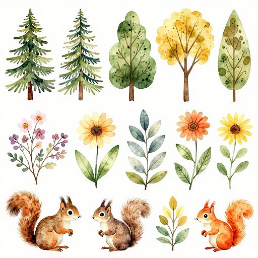 Watercolor illustration of trees, flowers, and squirrels, showcasing detailed botanical and wildlife elements, with a white background.