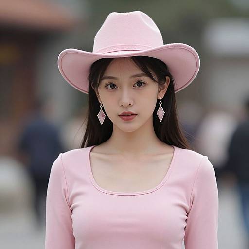 Photograph of an Asian woman with long black hair, wearing a pink hat and matching pink long-sleeve top, diamond earrings, standing outdoors with